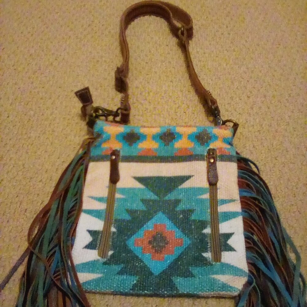 Myra Bag leather and cotton leopard print and Aztec print adjustable strap fring